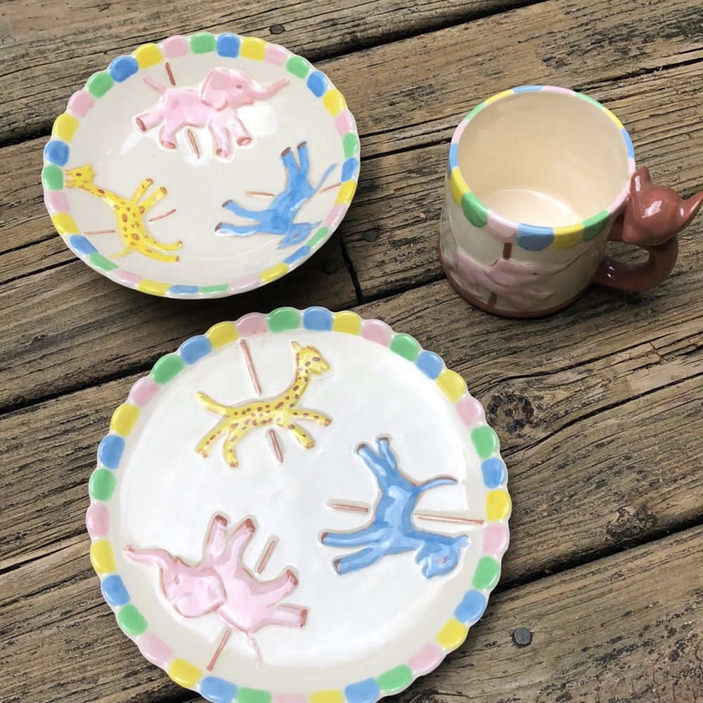 Vintage Child Ceramic Cup, Bowl, Plate -  Handmade Handpainted Carousel -Decor